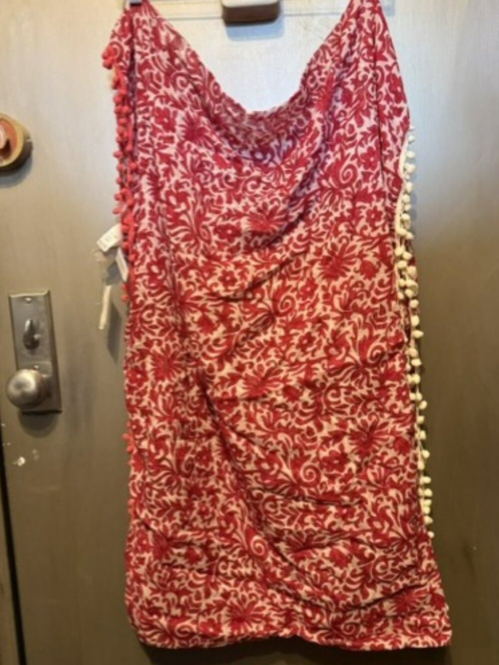 Boho Red & White paisley Infinity scarf with Pom-poms
